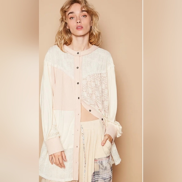 POL Cream/Light Pink Loose Fit Long Sleeve Button Up. Size S. NWOT - Picture 2 of 10